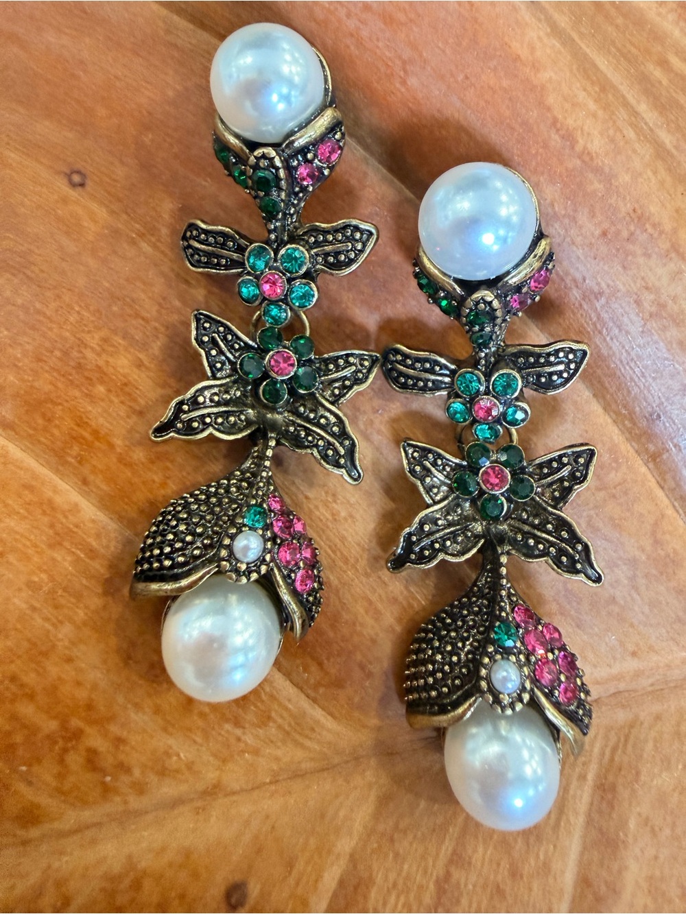 Vintage-Inspired Pearl Drop Earrings with Pink & Green Crystals